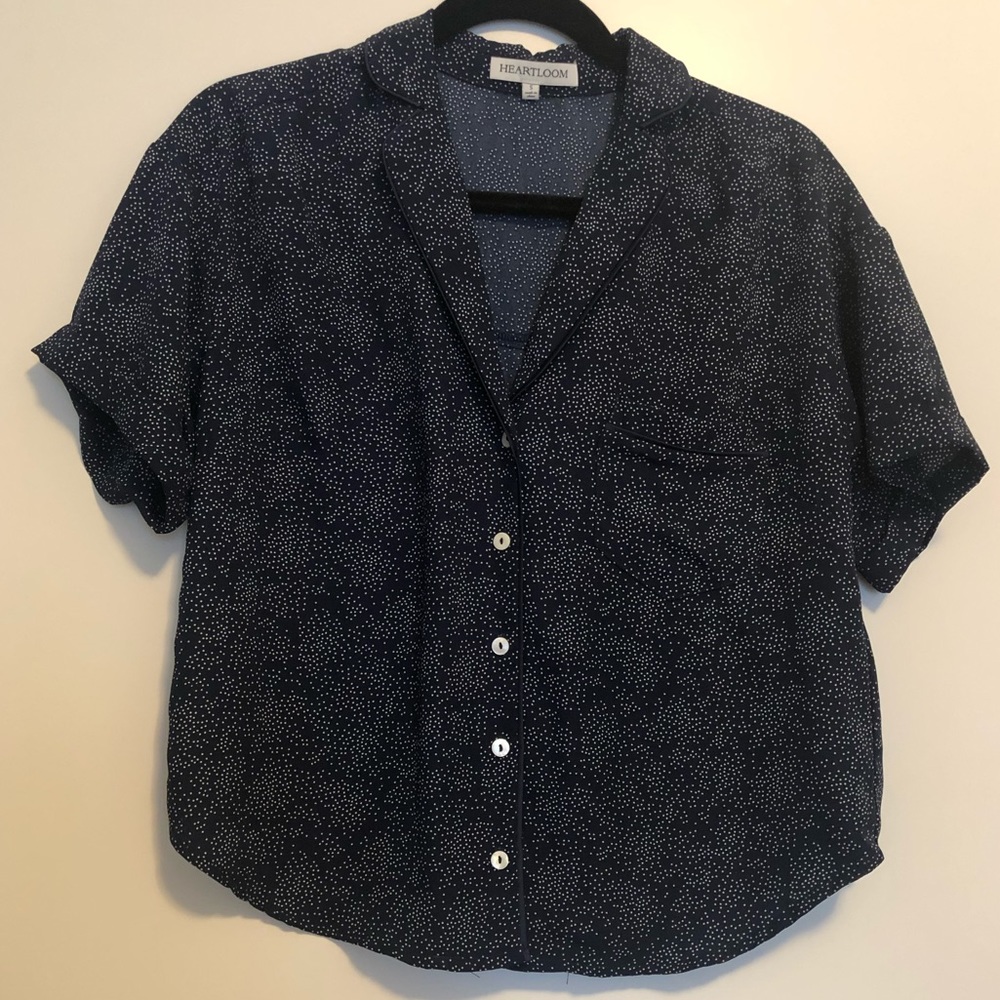 Heartloom Navy White Polkadot Silk Button Up